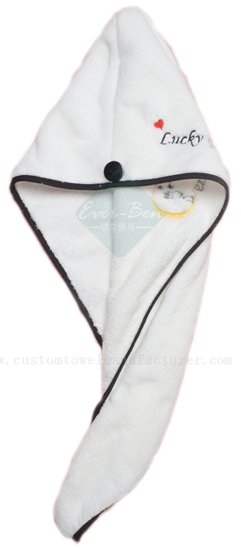 China Bulk Custom Microfiber hair drying Towel White hair twist Towel Supplier wholesale Bespoke Logo Hair Drying Tuban Hat Towels Exporter
